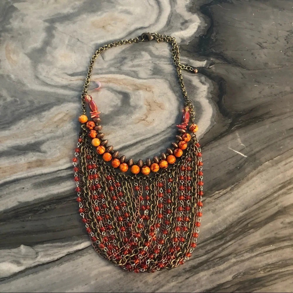 Vintage chain and bead yoke necklace orange gold - Picture 5 of 5